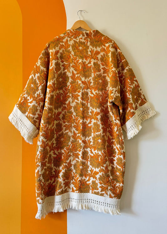 70s PALETTE BROCADE FRINGE DUSTER (O/S)