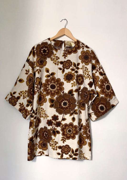 BOLD BROWN FLORAL HIPPIE DRESS (M)