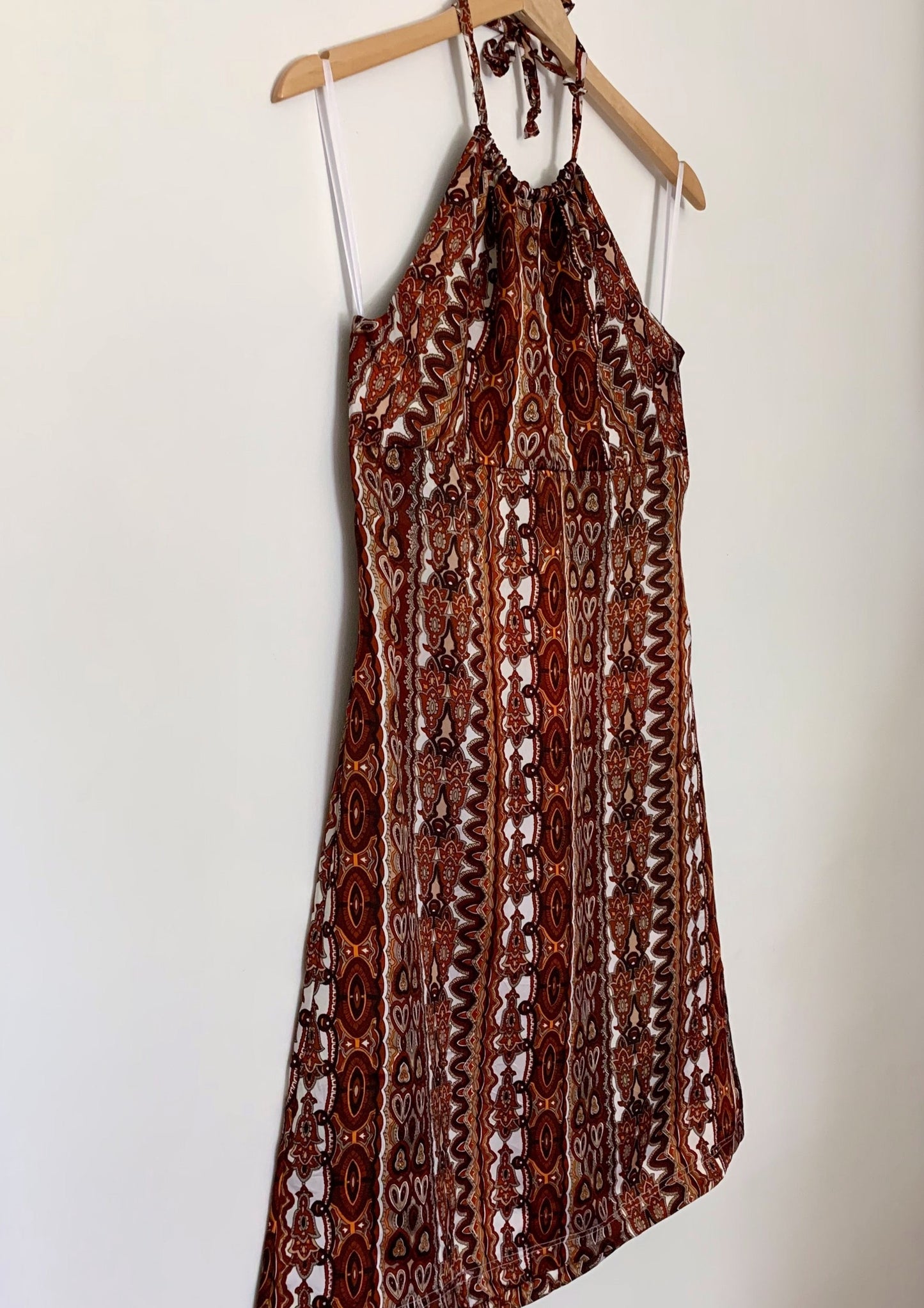 RICH CHOCOLATE TONED SILKY HALTER DRESS (S)