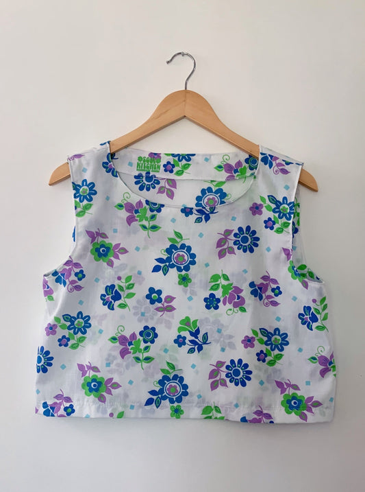 BLUE & PURPLE RETRO FLOWER CROP TANK (M/L)