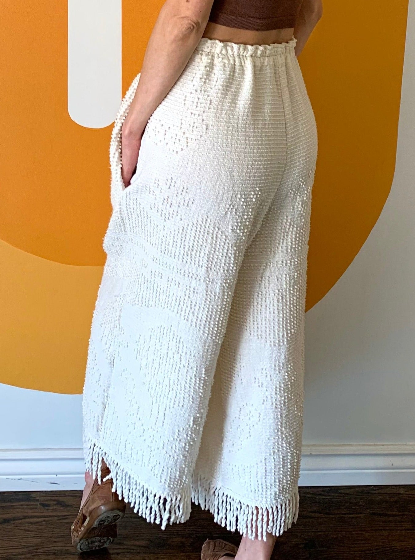 CREAM CHENILLE FRINGE PANTS (S)