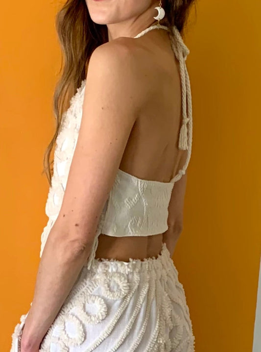 TUFTED CREAM FRINGE HALTER TOP (S)