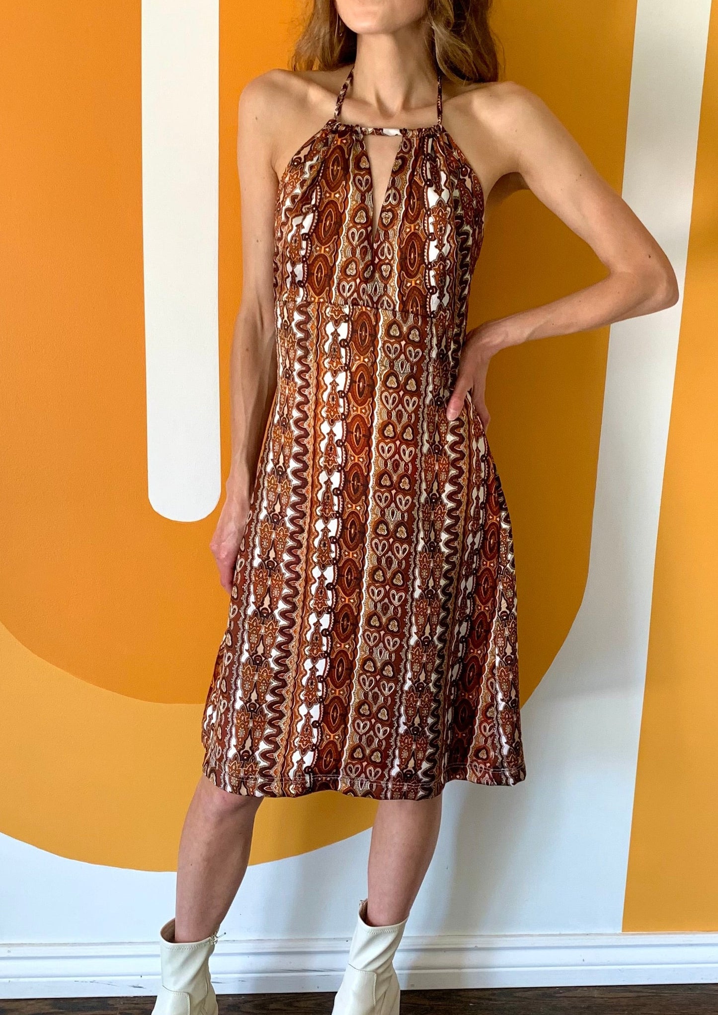 RICH CHOCOLATE TONED SILKY HALTER DRESS (S)