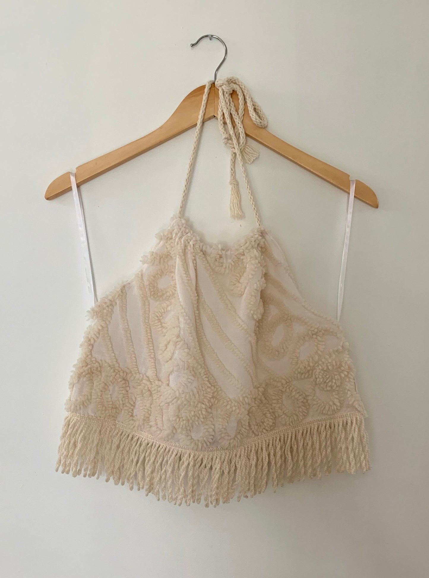 TUFTED CREAM FRINGE HALTER TOP (S)
