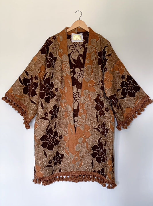 BROWN FLORAL FRINGE DUSTER (O/S)