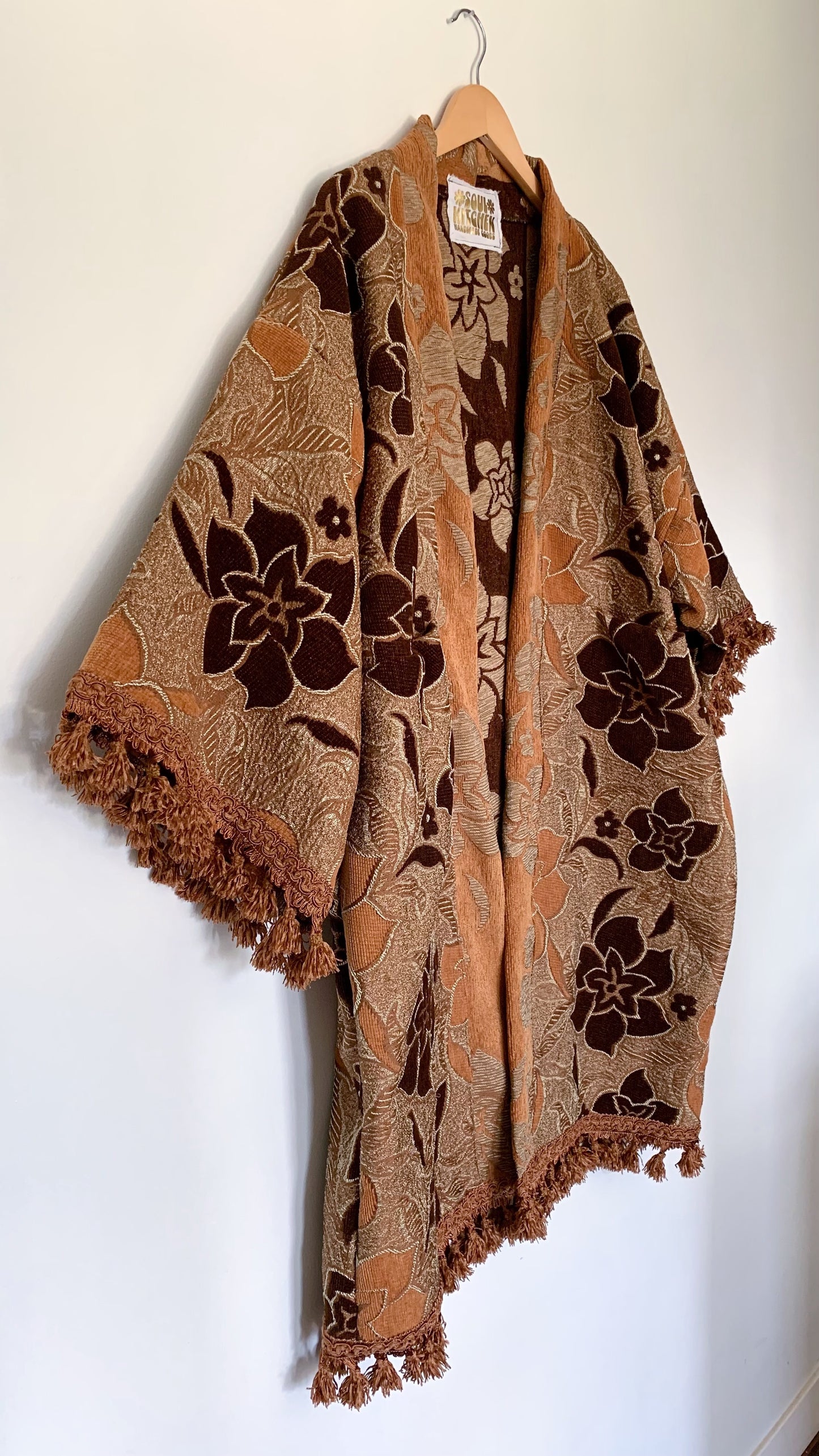 BROWN FLORAL FRINGE DUSTER (O/S)