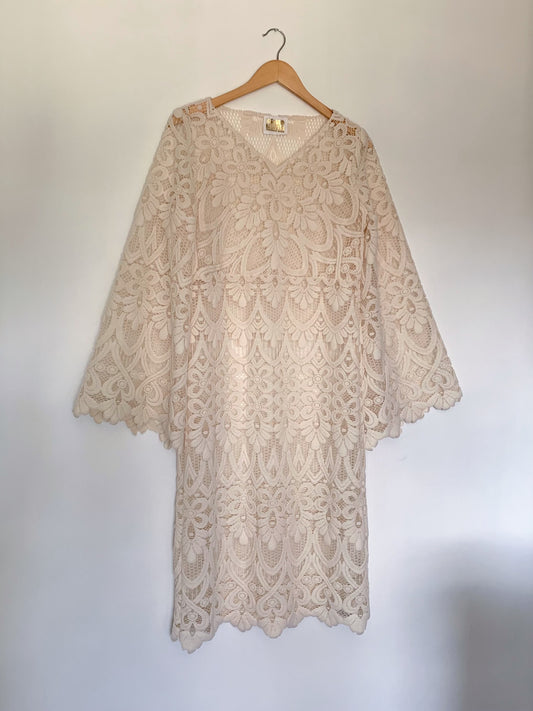 DRESS in tufted lace with bell sleeves INCLUDES SLIP FOR UNDERNEATH (size SMALL)