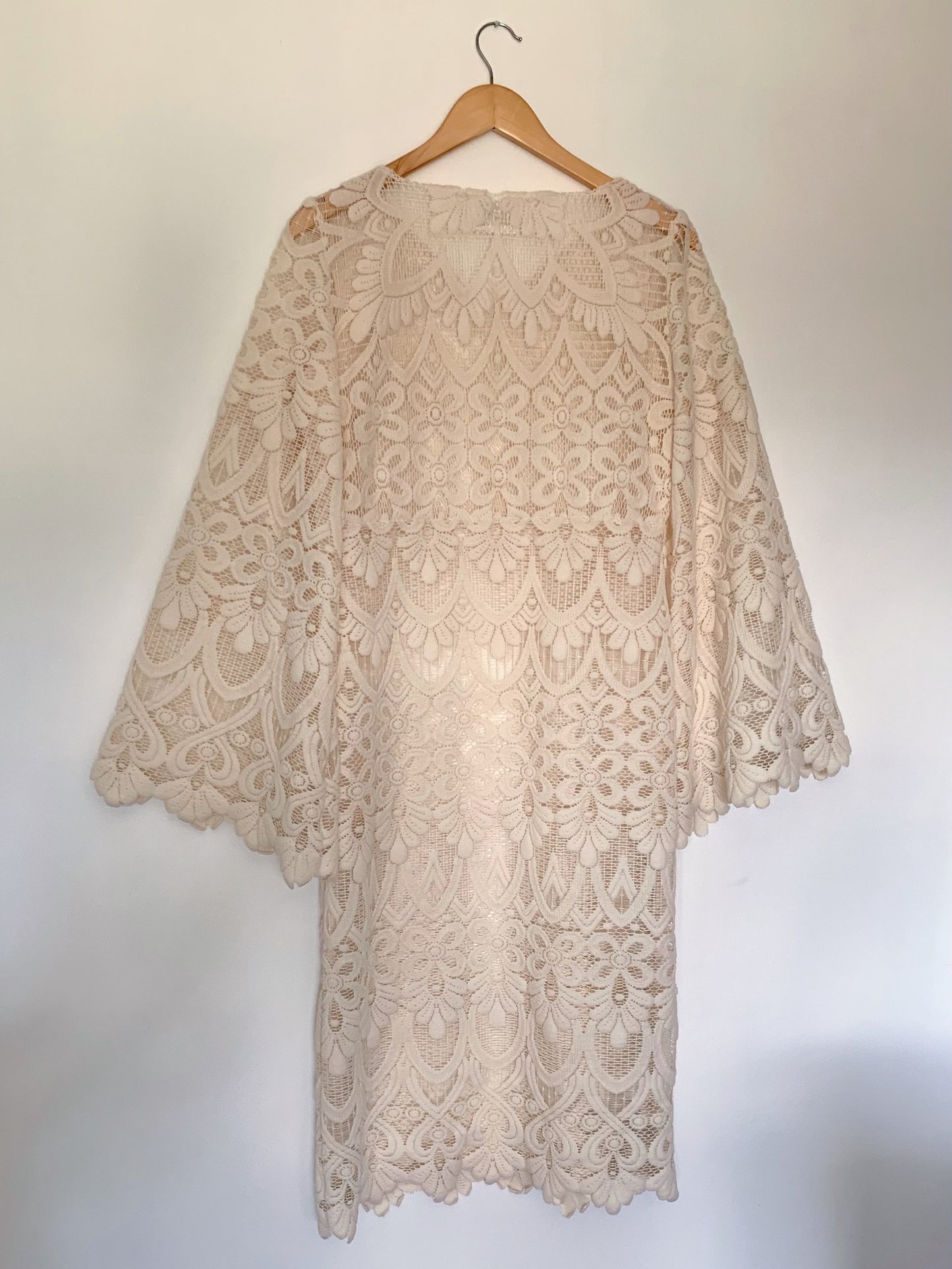 DRESS in tufted lace with bell sleeves INCLUDES SLIP FOR UNDERNEATH (size SMALL)