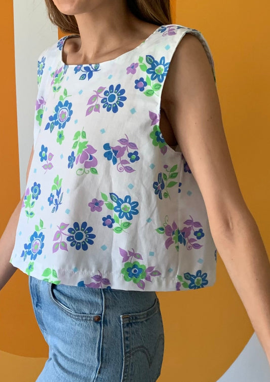 BLUE & PURPLE RETRO FLOWER CROP TANK (M/L)