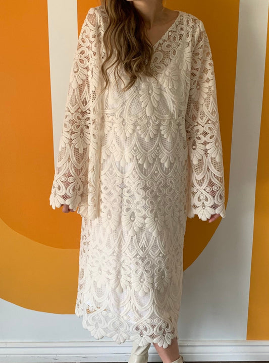 DRESS in tufted lace with bell sleeves INCLUDES SLIP FOR UNDERNEATH (size SMALL)